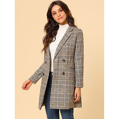 Women's Notched Lapel Long Sleeves Double Breasted Plaid Blazer