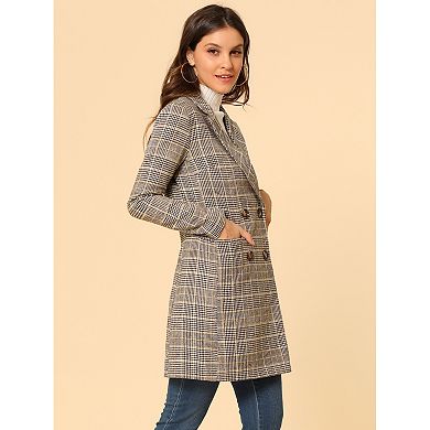 Women's Notched Lapel Long Sleeves Double Breasted Plaid Blazer