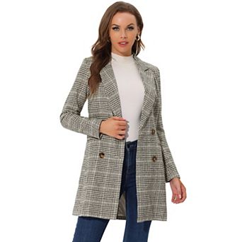 Women's Notched Lapel Long Sleeves Double Breasted Plaid Blazer