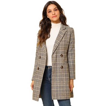 Women's Notched Lapel Long Sleeves Double Breasted Plaid Blazer