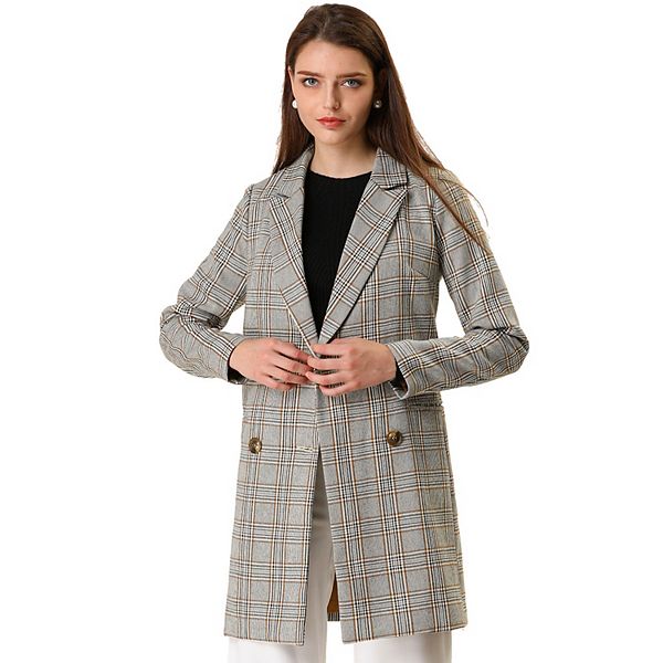 Women's Notched Lapel Long Sleeves Double Breasted Plaid Blazer