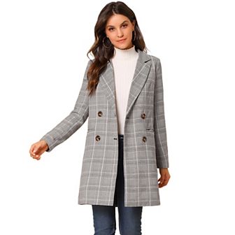 Women's Notched Lapel Long Sleeves Double Breasted Plaid Blazer
