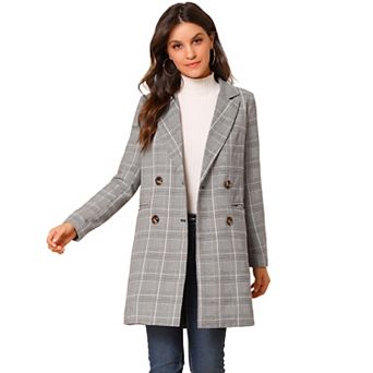 Women's Notched Lapel Long Sleeves Double Breasted Plaid Blazer