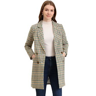 Women's Notched Lapel Long Sleeves Double Breasted Plaid Blazer