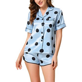 Women's Satin 2 pc Lounge Sleepwear T-Shirt and Shorts Polka Dots Pajama Sets