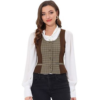 Women's Vintage Waistcoat Vest Plaid Button Down Work Dressy Vests