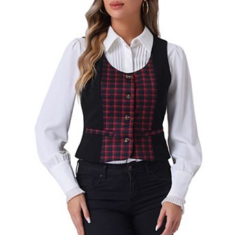 Women's Vintage Waistcoat Vest Plaid Button Down Work Dressy Vests
