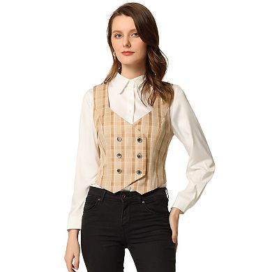 Women's Plaid Double Breasted Cinched Waist Racerback Suit Vest