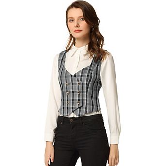 Women's Plaid Double Breasted Cinched Waist Racerback Suit Vest
