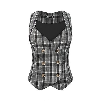 Women's Plaid Double Breasted Cinched Waist Racerback Suit Vest