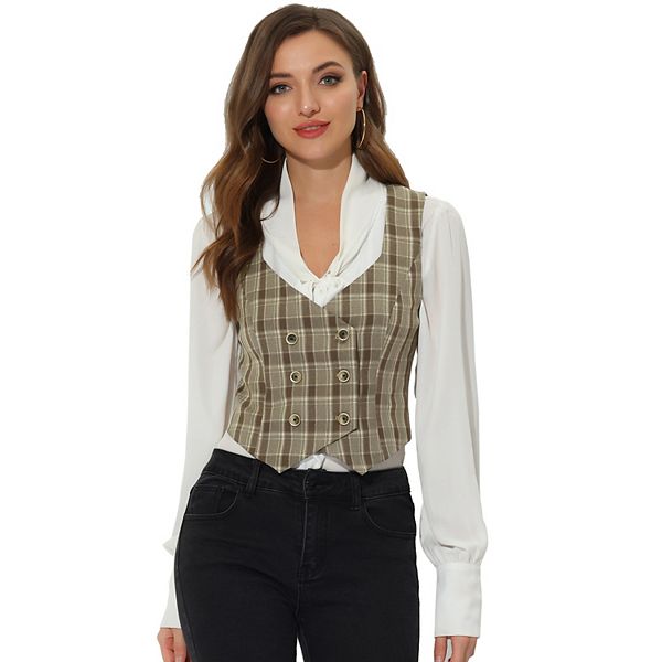 Women's Plaid Double Breasted Cinched Waist Racerback Suit Vest