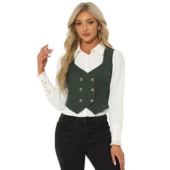 Women's Plaid Double Breasted Cinched Waist Racerback Suit Vest