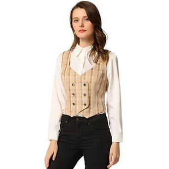 Women's Plaid Double Breasted Cinched Waist Racerback Suit Vest