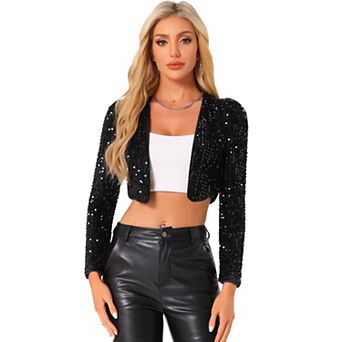 Women's Party Shiny Sequin Long Sleeve Open Front Shrug Cropped Jacket