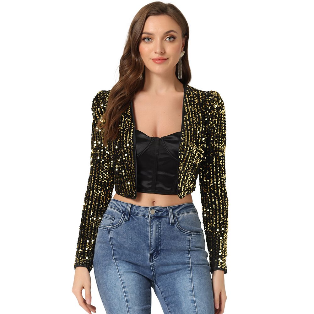 Women's Party Shiny Sequin Long Sleeve Open Front Shrug