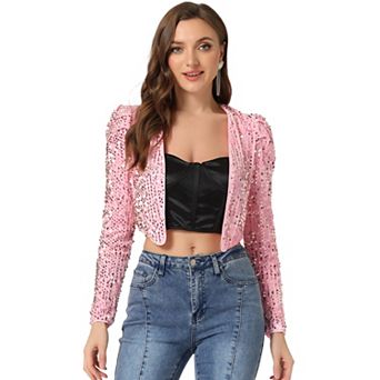 Women's Party Shiny Sequin Long Sleeve Open Front Shrug Cropped Jacket