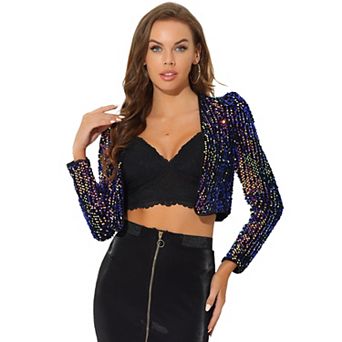 Women's Party Shiny Sequin Long Sleeve Open Front Shrug Cropped Jacket