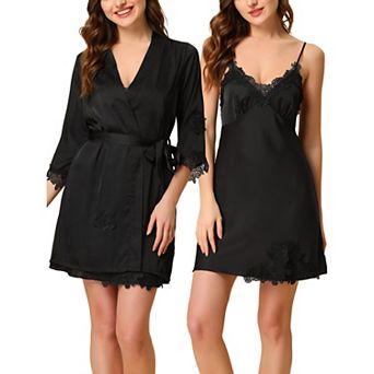 Women's 2 pc Pajama Sleepwear Silk Cami Nightdress With Robe Satin Sets