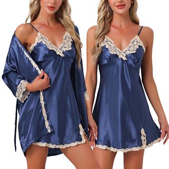 Women's 2 pc Pajama Sleepwear Silk Cami Nightdress with Robe Satin Sets