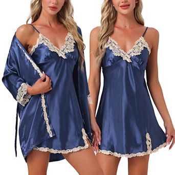 Women's 2 pc Pajama Sleepwear Silk Cami Nightdress With Robe Satin Sets