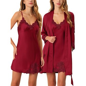 Women's 2 pc Pajama Sleepwear Silk Cami Nightdress with Robe Satin Sets