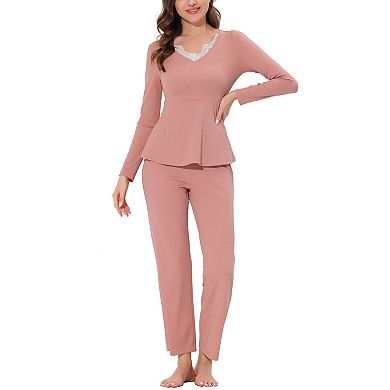 Women's Sleepwear Pajama Soft Knit with Lace Stretchy Nightwear Lounge Sets