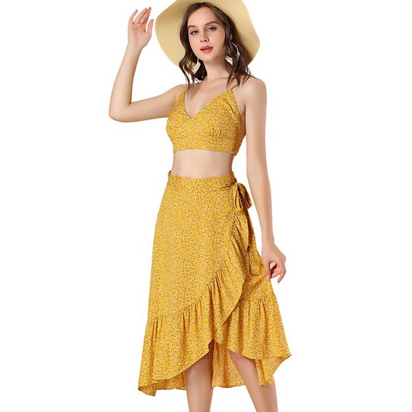 Womens V Neck Spaghetti Strap Crop Top And Floral Ruffle Wrap Skirt Set 1686