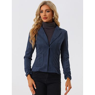 Women's Faux Suede Button Up Casual Open Front Drawstring Long Sleeve Blazer