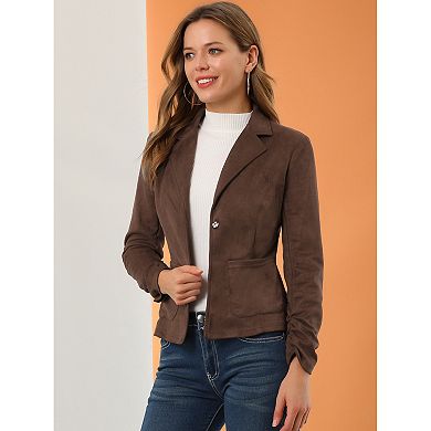 Women's Faux Suede Button Up Casual Open Front Drawstring Long Sleeve Blazer
