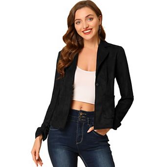 Women's Faux Suede Button Up Casual Open Front Drawstring Long Sleeve Blazer