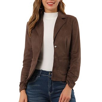 Women's Faux Suede Button Up Casual Open Front Drawstring Long Sleeve Blazer