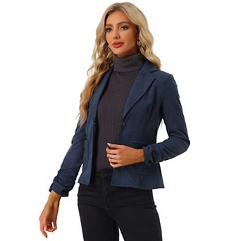 Women's Faux Suede Button Up Casual Open Front Drawstring Long Sleeve Blazer