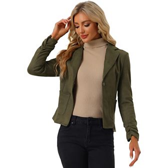 Women's Faux Suede Button Up Casual Open Front Drawstring Long Sleeve Blazer