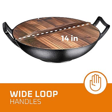 Cast Iron Wok Pot With Large Loop Handles, Flat Base, Lightweight Wooden Lid Cover