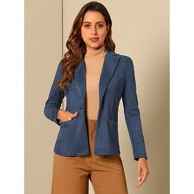 Women's Notched Lapel Long Sleeve Button Office Faux Suede Blazer