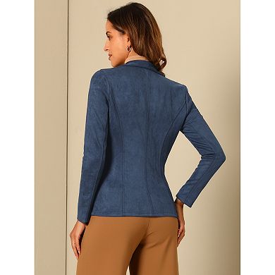 Women's Notched Lapel Long Sleeve Button Office Faux Suede Blazer