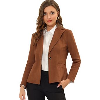 Women's Notched Lapel Long Sleeve Button Office Faux Suede Blazer