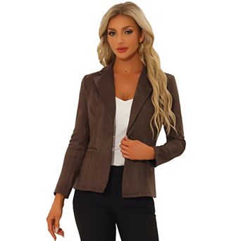Women's Notched Lapel Long Sleeve Button Office Faux Suede Blazer