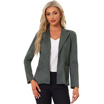 Women's Notched Lapel Long Sleeve Button Office Faux Suede Blazer
