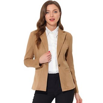 Women's Notched Lapel Long Sleeve Button Office Faux Suede Blazer