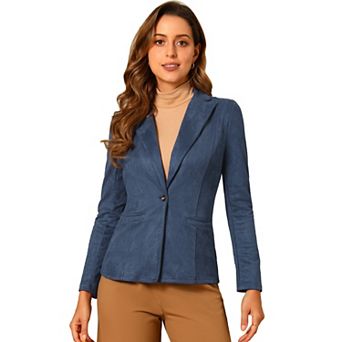 Women's Notched Lapel Long Sleeve Button Office Faux Suede Blazer