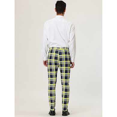 Mens Formal Color Block Slim Fit Flat Front Plaid Dress Pants