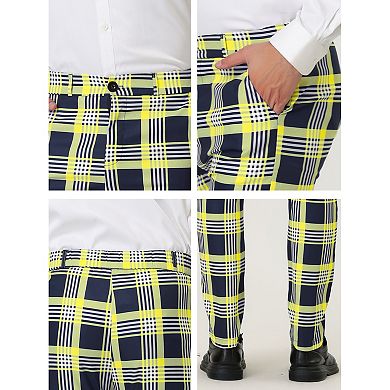 Mens Formal Color Block Slim Fit Flat Front Plaid Dress Pants