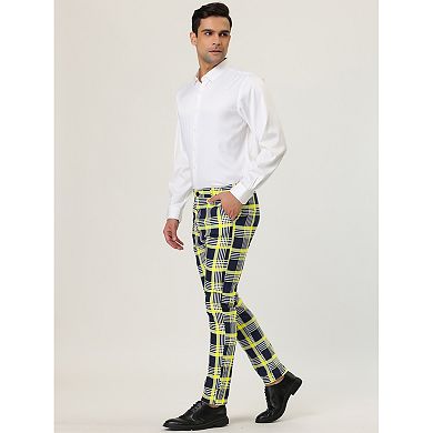 Mens Formal Color Block Slim Fit Flat Front Plaid Dress Pants