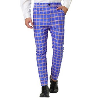 Mens Formal Color Block Slim Fit Flat Front Plaid Dress Pants