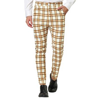 Mens Formal Color Block Slim Fit Flat Front Plaid Dress Pants