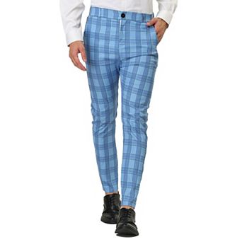 Mens Formal Color Block Slim Fit Flat Front Plaid Dress Pants