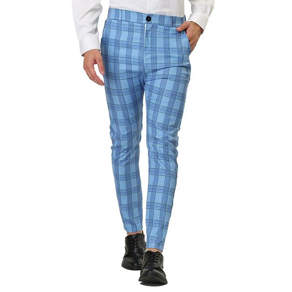 Mens Formal Color Block Slim Fit Flat Front Plaid Dress Pants