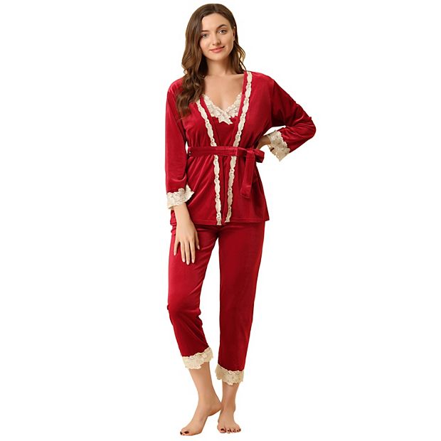 Women's 3pcs Cami Top Tie Lace Sleepwear Set Sexy Pajama Set