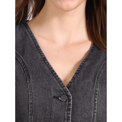 Women's Casual V Neck Sleeveless Button Down Washed Denim Vest Jacket